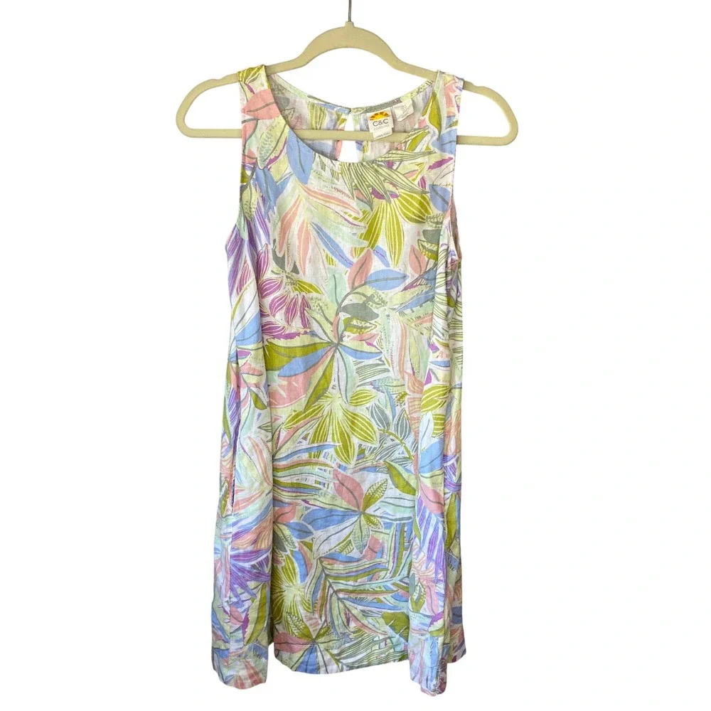 C&C California Women 100% Linen Tropical Pastel Floral Shift Dress Small Pockets
